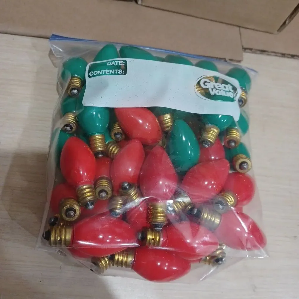 50 Vintage C7 25 Green & 25 Red Incandescent Christmas Lights Strings Outdoor